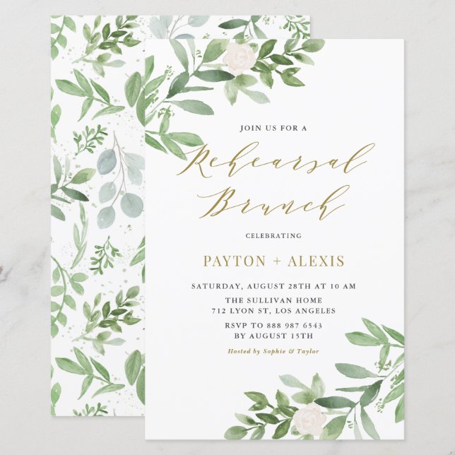 Witte bloemen groen repetitie brunch uitnodiging (Voorkant / Achterkant)