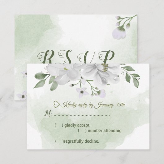 witte bloemen groen RSVP kaartje (Voorkant / Achterkant)