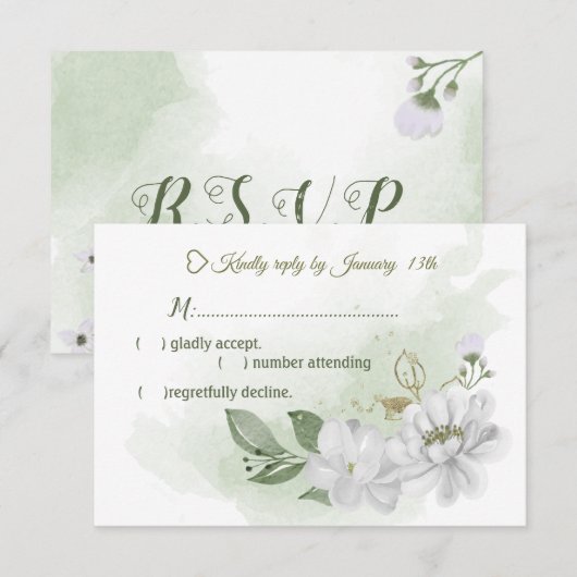 witte bloemen groen RSVP kaartje (Voorkant / Achterkant)