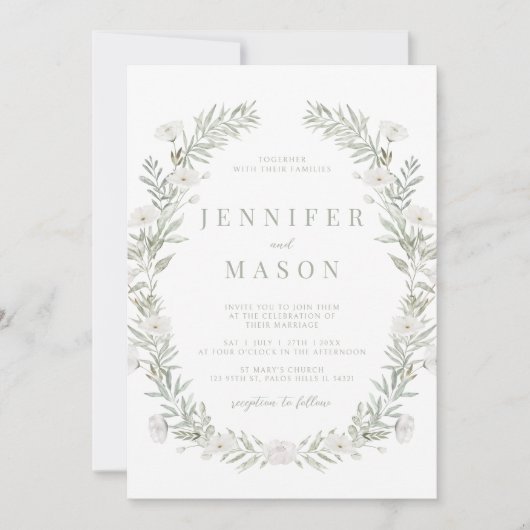Witte bloemen groen rustieke bruiloft uitnodiging (Voorkant)