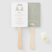 Witte Bloemen Groen Sage Monogram Crest Bruiloft Handwaaier (Voorkant en achterkant)