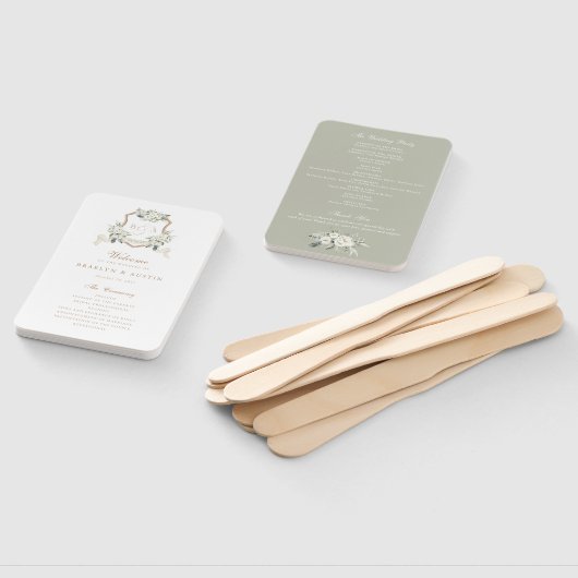 Witte Bloemen Groen Sage Monogram Crest Bruiloft Handwaaier (Niet-gemonteerd)