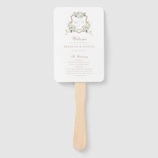 Witte Bloemen Groen Sage Monogram Crest Bruiloft Handwaaier (Voorkant)