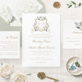 Witte Bloemen Groen Sage Monogram Crest Bruiloft Kaart