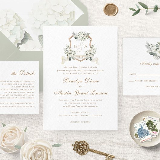 Witte Bloemen Groen Sage Monogram Crest Bruiloft Kaart