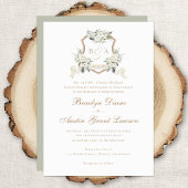 Witte Bloemen Groen Sage Monogram Crest Bruiloft Kaart