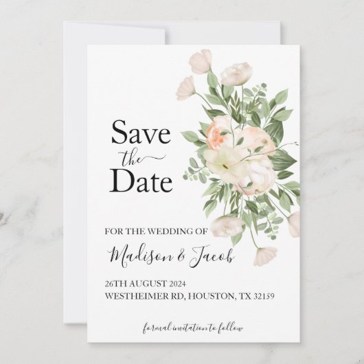 Witte Bloemen Groen Succulent Save the Date Kaart (Voorkant)