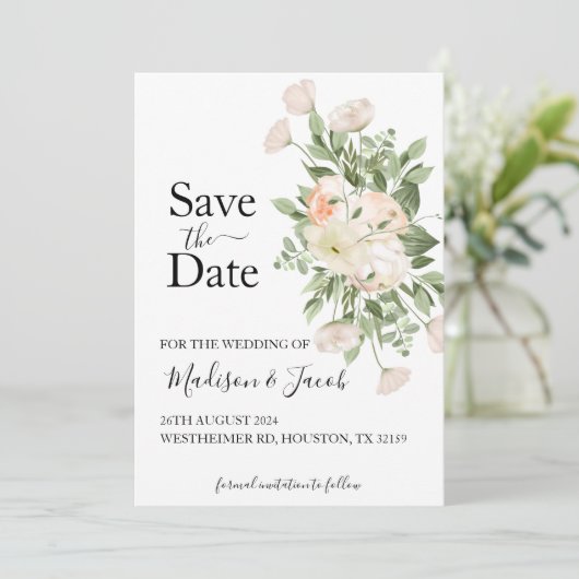 Witte Bloemen Groen Succulent Save the Date Kaart (Staand voorkant)