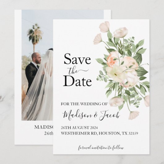 Witte Bloemen Groen Succulent Save the Date Kaart (Voorkant / Achterkant)