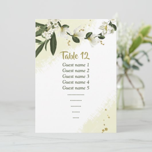 Witte Bloemen Groen Zitkaart Tafelnummer (Staand voorkant)