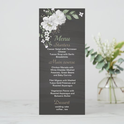witte bloemen groen zwarte trouwmenu menu (Staand voorkant)
