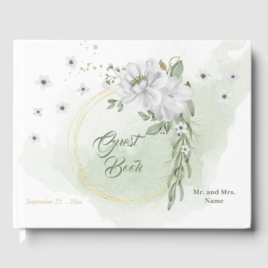 witte bloemen groenachtig goud gastenboek (Voorkant)