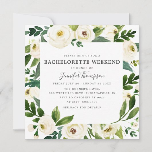 Witte Bloemen & Groene Bachelorette Weekend Kaart (Voorkant)