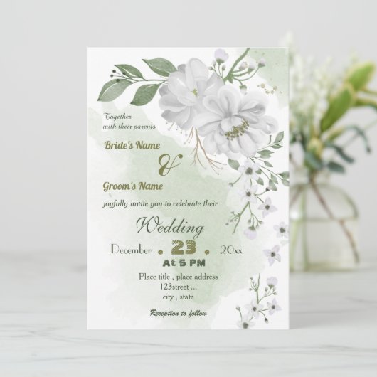 witte bloemen groene bladeren bruiloft kaart (Staand voorkant)