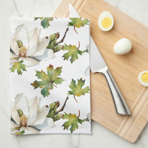 Witte bloemen groene bladeren theedoek