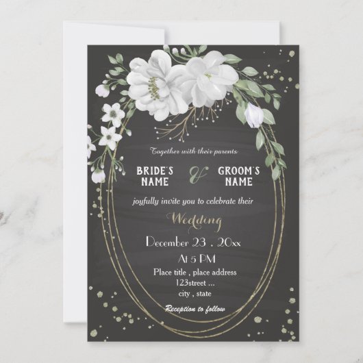 witte bloemen groene bladeren zwarte bruiloft kaart (Voorkant)