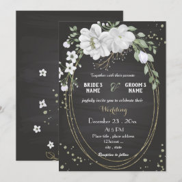 witte bloemen groene bladeren zwarte bruiloft kaart