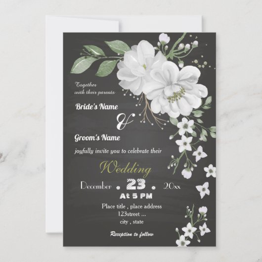 witte bloemen groene bladeren zwarte bruiloft kaart (Voorkant)