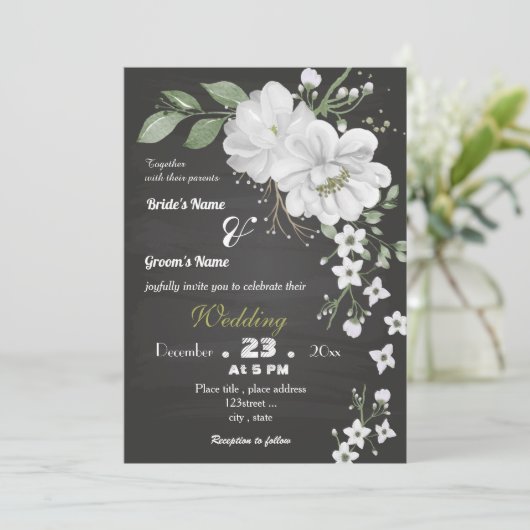 witte bloemen groene bladeren zwarte bruiloft kaart (Staand voorkant)