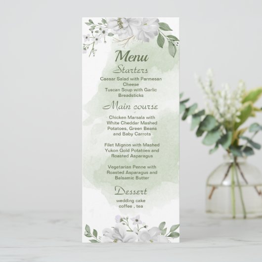 witte bloemen groene bruiloft menu (Staand voorkant)