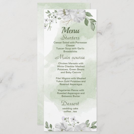 witte bloemen groene bruiloft menu (Voorkant / Achterkant)