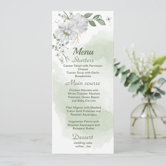 witte bloemen groene bruiloft menu (Staand voorkant)