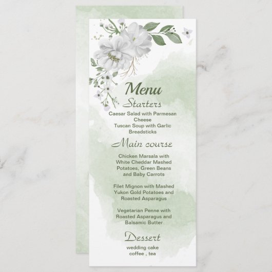 witte bloemen groene bruiloft menu (Voorkant / Achterkant)