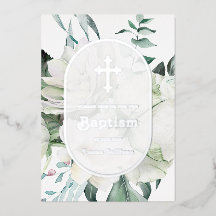 Witte Bloemen Groene Doop Folie Uitnodiging