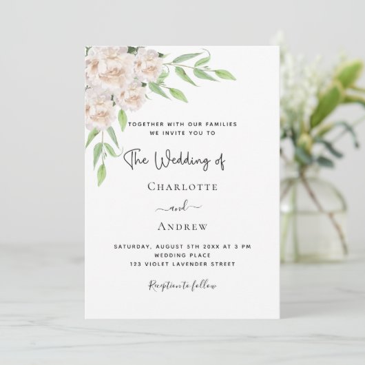 Witte bloemen groene elegante bruiloft kaart (Staand voorkant)