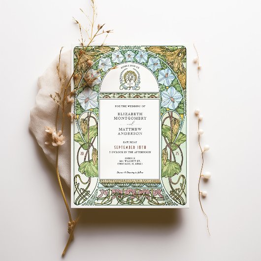 Witte bloemen & groene elegantie Art Nouveau bruil Kaart