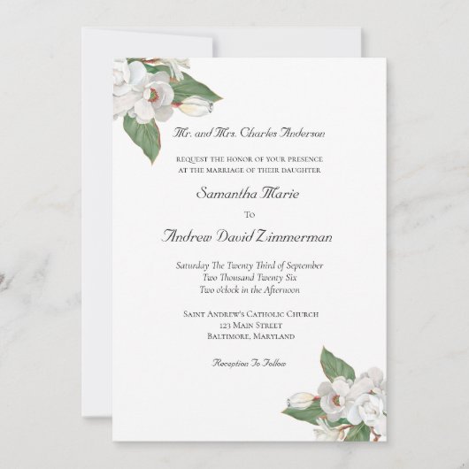 Witte Bloemen Groene Magnolia Trouw Uitnodiging (Voorkant)