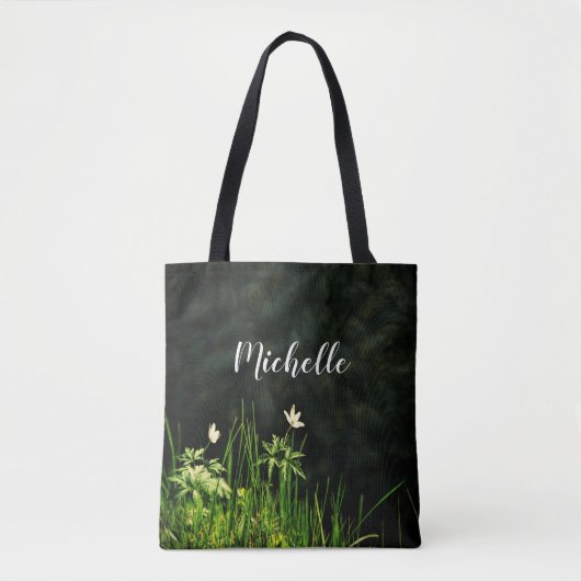 Witte bloemen groene naam script tote bag (Voorkant)