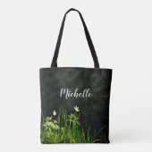 Witte bloemen groene naam script tote bag (Achterkant)