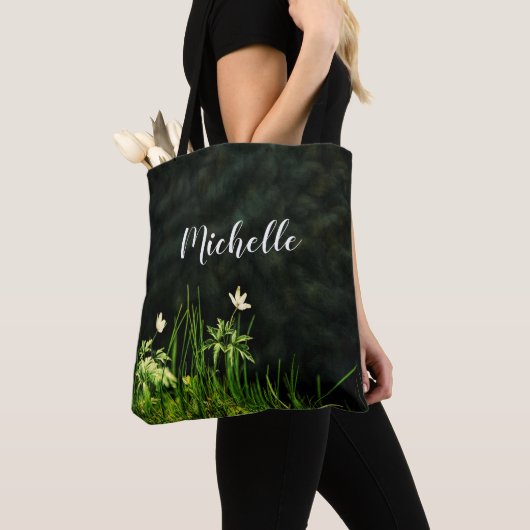 Witte bloemen groene naam script tote bag (Dichtbij)
