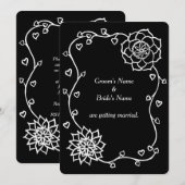 Witte bloemen harten op zwarte bruiloft uitnodigin kaart (Voorkant / Achterkant)
