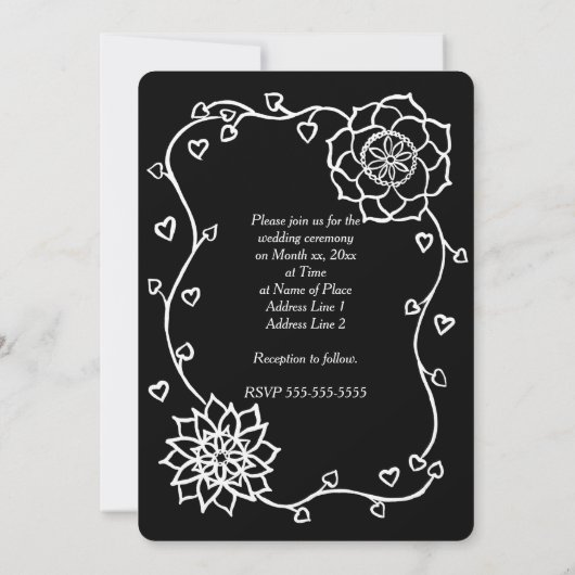 Witte bloemen harten op zwarte bruiloft uitnodigin kaart (Achterkant)