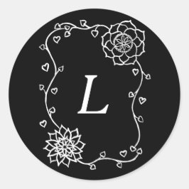 Witte Bloemen Harten op Zwarte Monogram Stickers