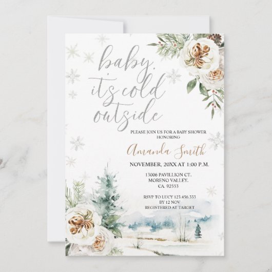 Witte Bloemen Het is koud buiten Baby shower Invit Kaart (Voorkant)