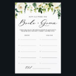 Witte bloemen hoe oud de bruid- en bruinkoolKaart<br><div class="desc">Raad eens de leeftijd van de bruid en bruidegom op elke foto. Wie de meest correcte antwoorden krijgt wint! | Voeg deze leuke en speelse gamekaart toe aan uw evenement. Deze aanpasbare "How Old Was the Bride and Groom"-spelkaart bevat waterverf illustraties van witte bloemen en groen. Personaliseer u door uw...</div>