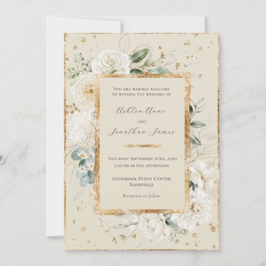 Witte Bloemen Hydrangea Rozen Gold Cream Bruiloft Kaart (Voorkant)