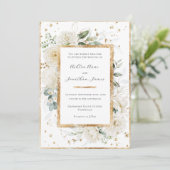 Witte Bloemen Hydrangea Rozen Goud Elegant Bruilof Kaart (Staand voorkant)