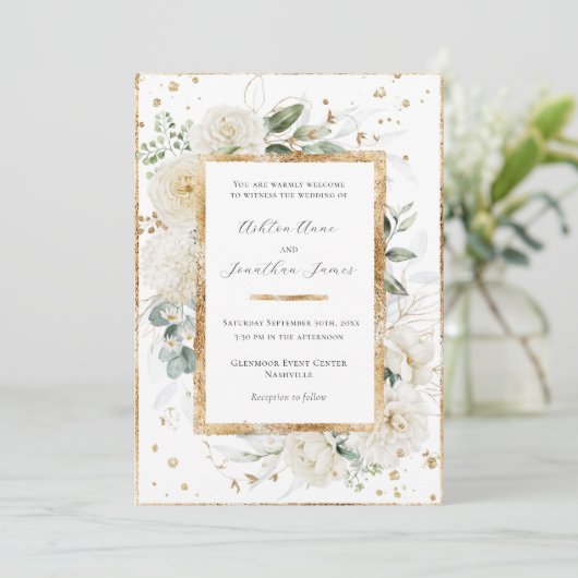 Witte Bloemen Hydrangea Rozen Goud Elegant Bruilof Kaart (Staand voorkant)