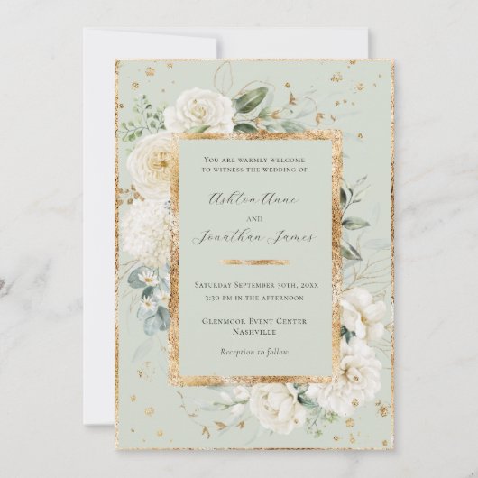 Witte Bloemen Hydrangea Rozen Gouden Groene Bruilo Kaart (Voorkant)