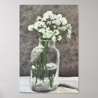 Witte bloemen in heldere vaas poster