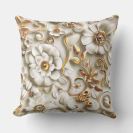 Witte bloemen in reliëf en metalen gouden bladeren kussen