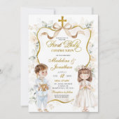 Witte Bloemen Jongen en Meisje Eerste Heilige Comm Kaart (Voorkant)