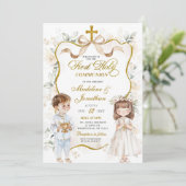 Witte Bloemen Jongen en Meisje Eerste Heilige Comm Kaart (Staand voorkant)