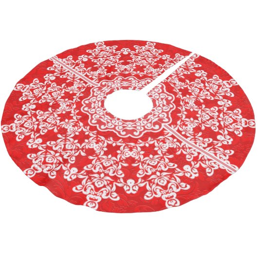 Witte Bloemen Kant Rode Damasks Kerstboom Rok (Gekanteld)
