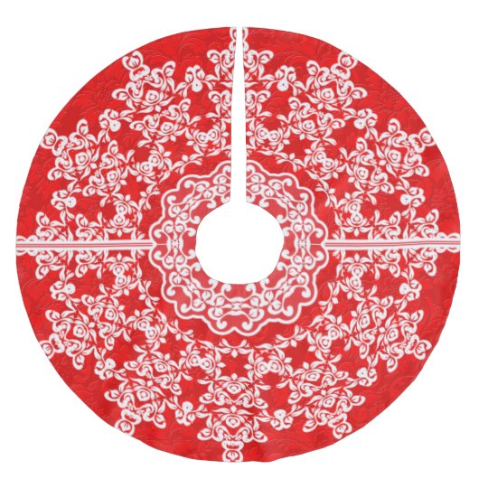 Witte Bloemen Kant Rode Damasks Kerstboom Rok (Voorkant)