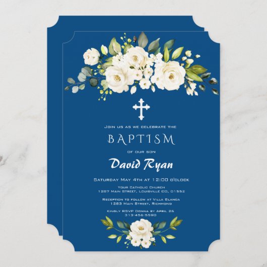 Witte Bloemen Klassieke Blauwe Jongensdoop Kaart (Voorkant / Achterkant)